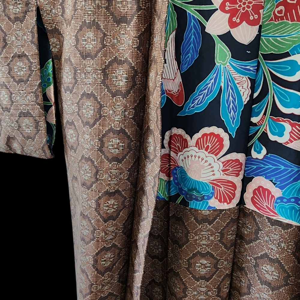 Vintage kimono silk hand stitched haori jacket brown floral lining -K11 - Picture 13 of 16